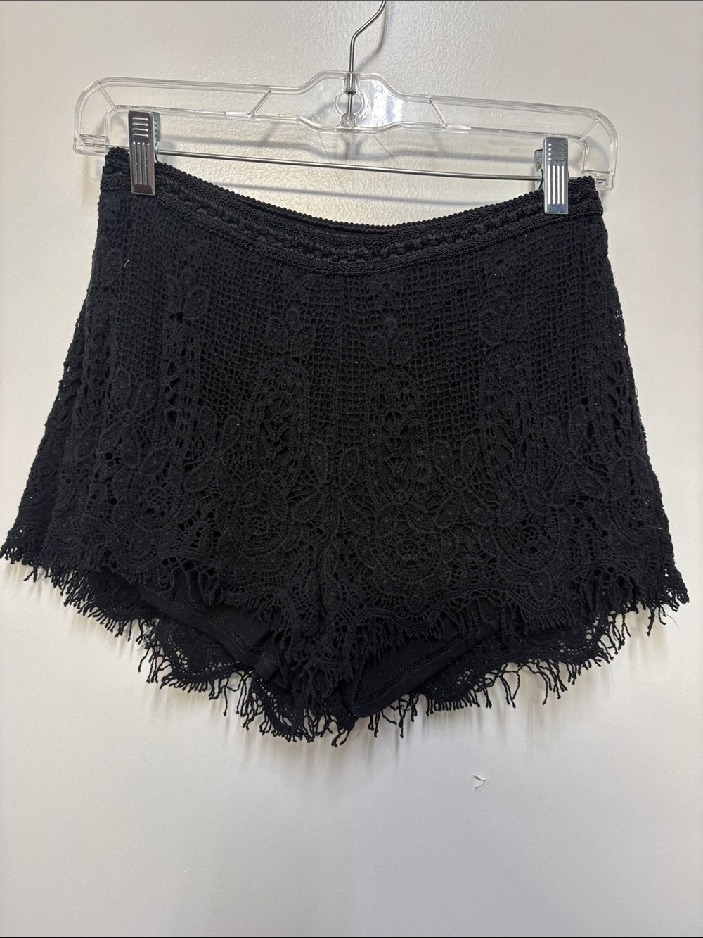 Crochet Lace Fringe High-Waist Women’s Shorts - Black